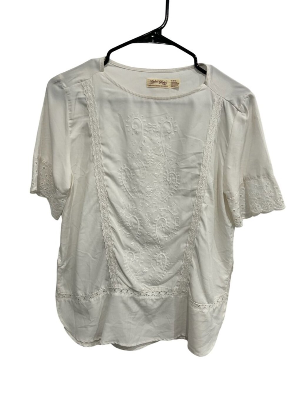 Faded Glory Small White Embroidered Short Sleeve Blouse Lace Cottagecore Nature